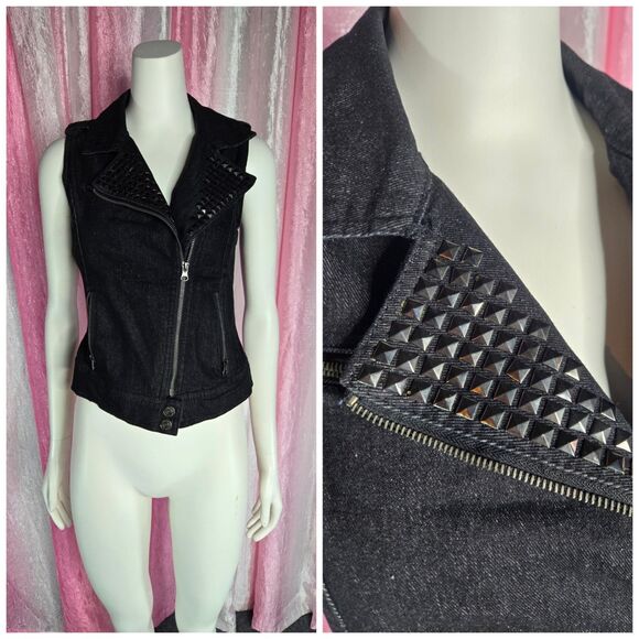 Dolled Up Y2K Metal Studded Black Rocker Denim Vest Size Small - Picture 1 of 11
